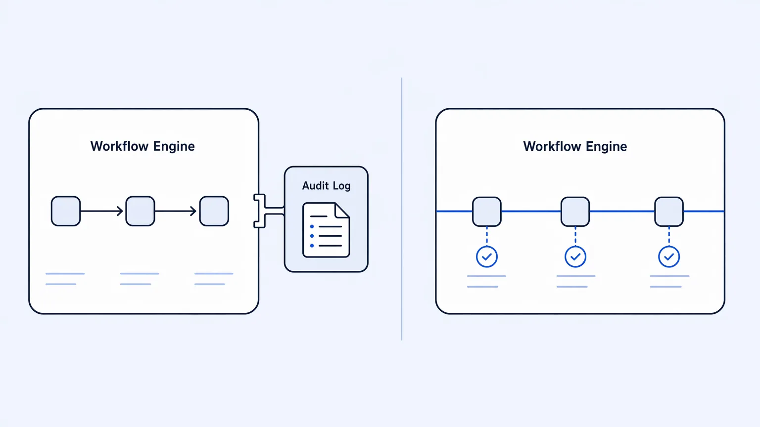 Governance shown as a bolted-on panel attached to a workflow engine versus governance built into the engine's own structure