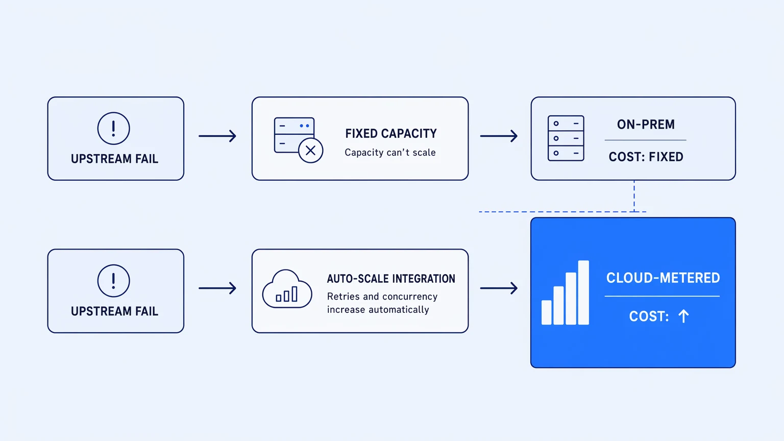 Elasticity trap: same retry storm, two outcomes — fixed on-prem cost vs variable cloud bill that tracks with upstream API failures